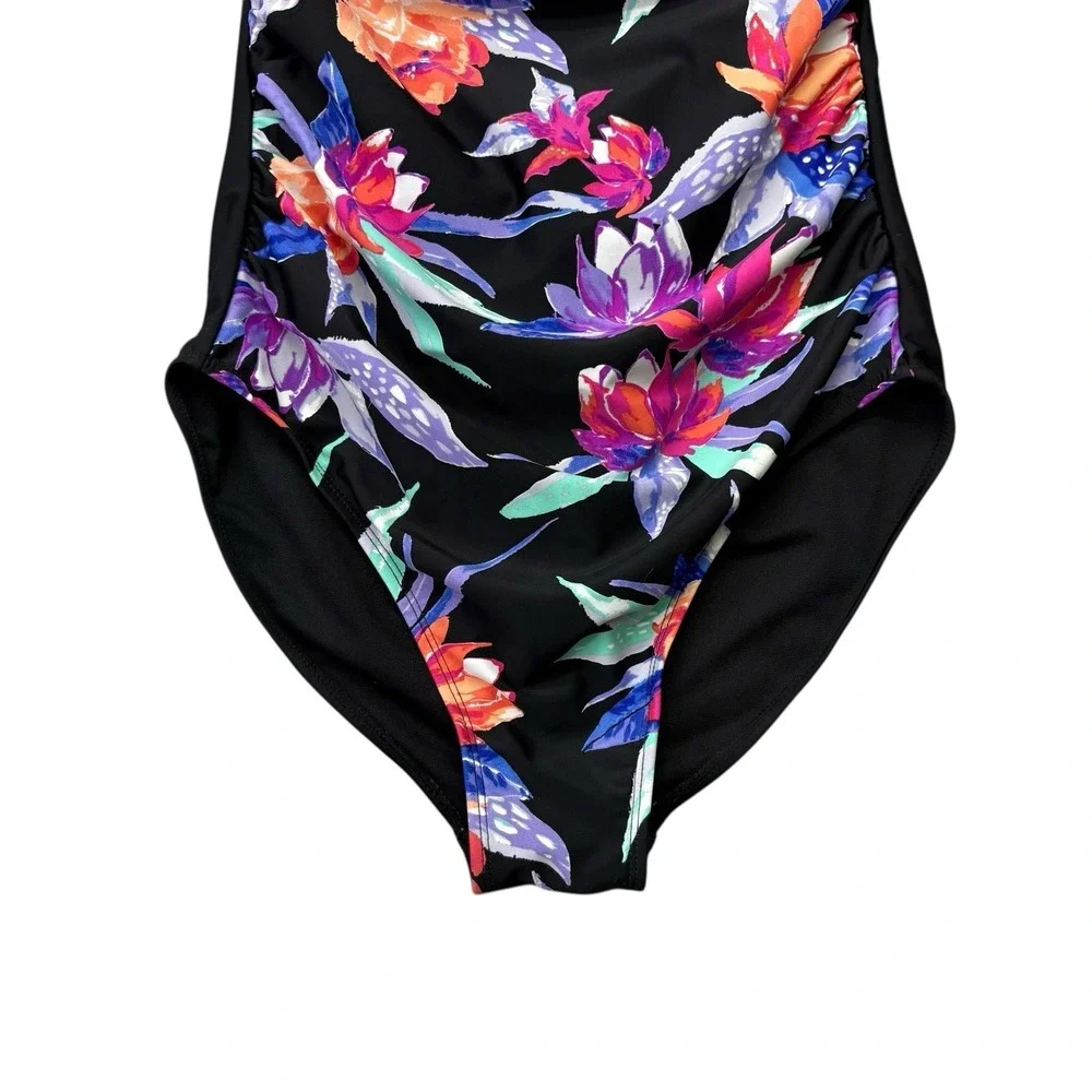 St Johns Bay Women's Swimsuit 12 Black Floral Halter Slimming One Piece